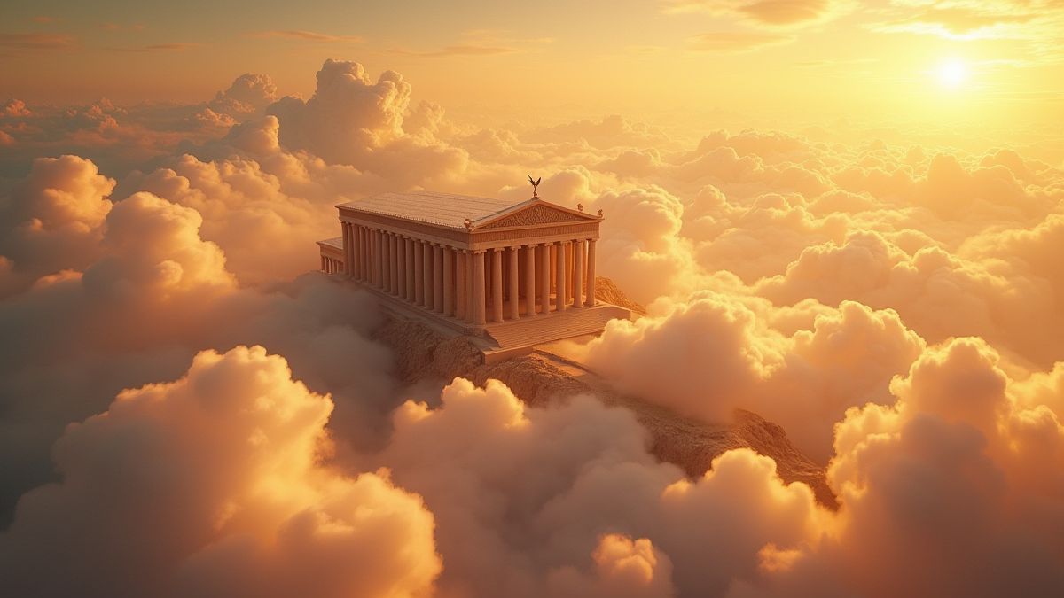 Templo griego majestuoso rodeado de nubes doradas.