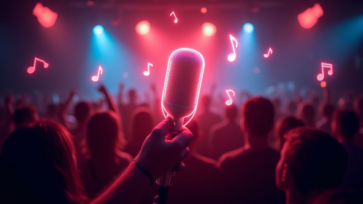 Neon microphone surrounded by musical notes and a lively crowd.