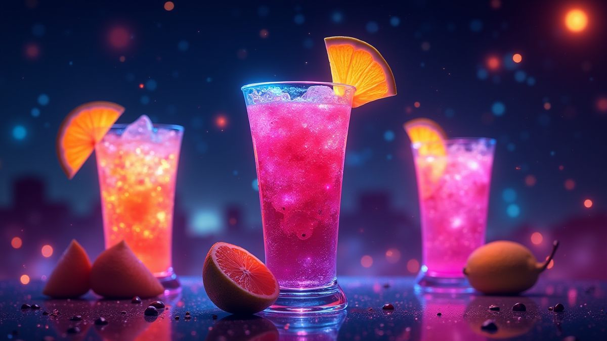 Neon cocktail glass with colorful drinks and fruit decorations.