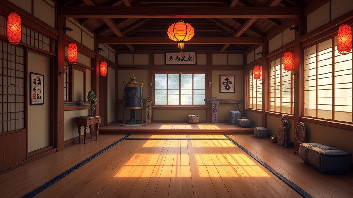 Interior de um dojo tradicional com elementos decorativos asiáticos.