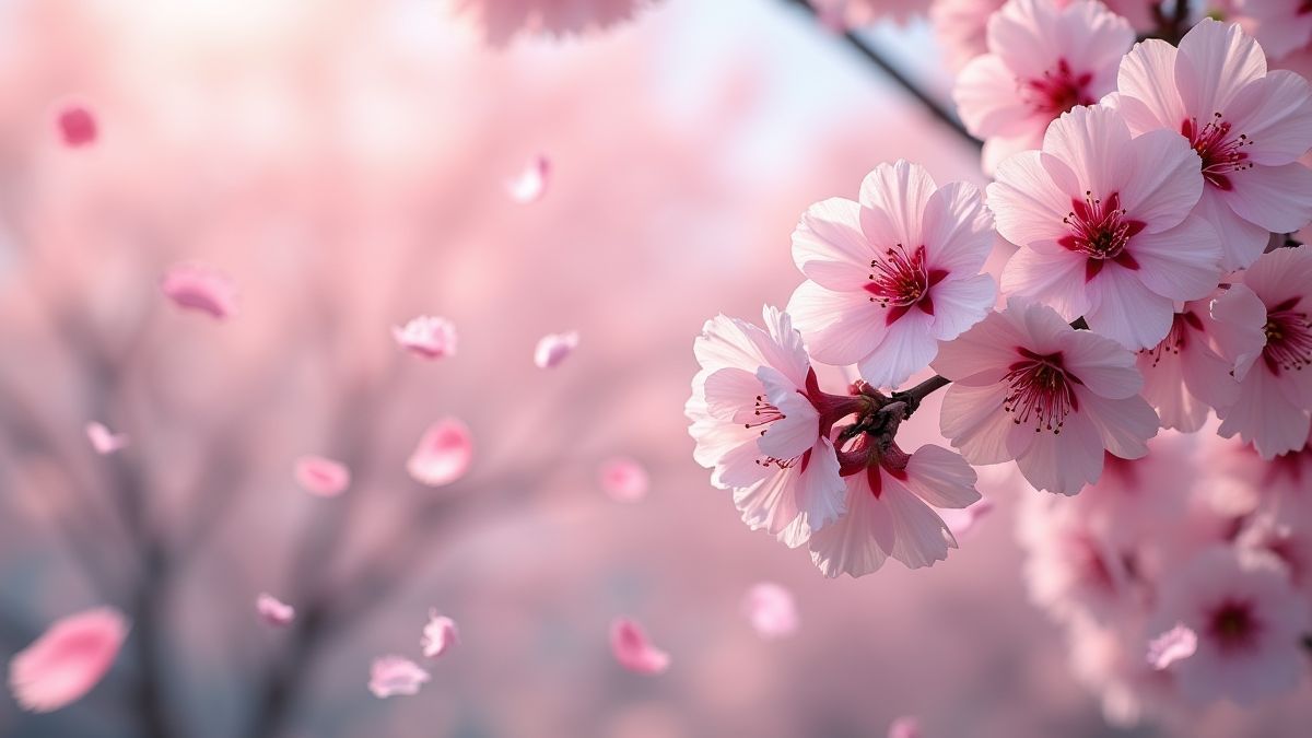 Árvore de cerezo em flor com pétalos ao vento.