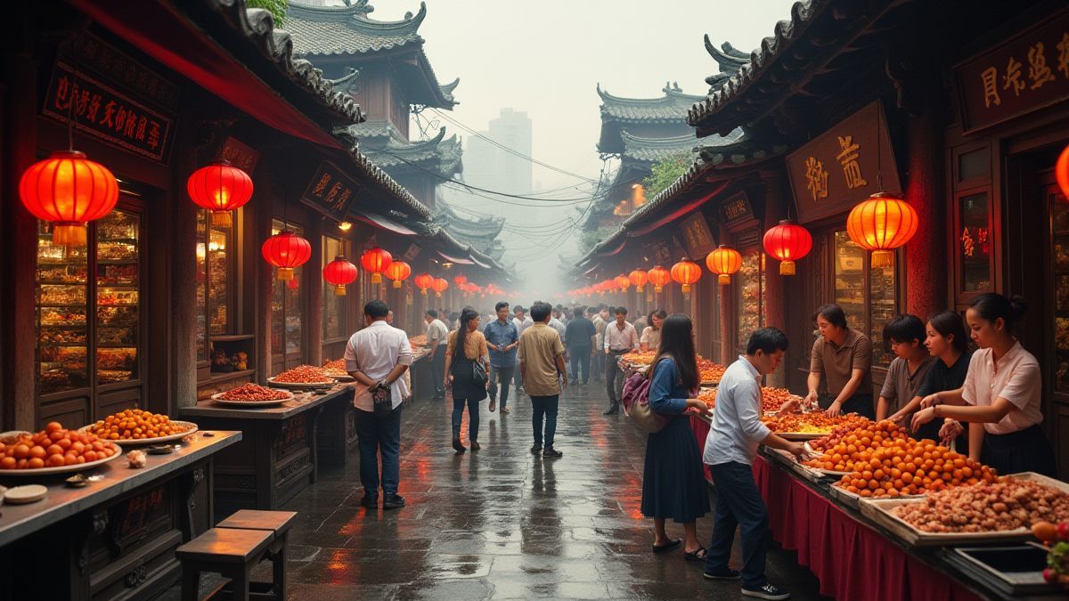 Mercado animado com estilo tradicional chinês.