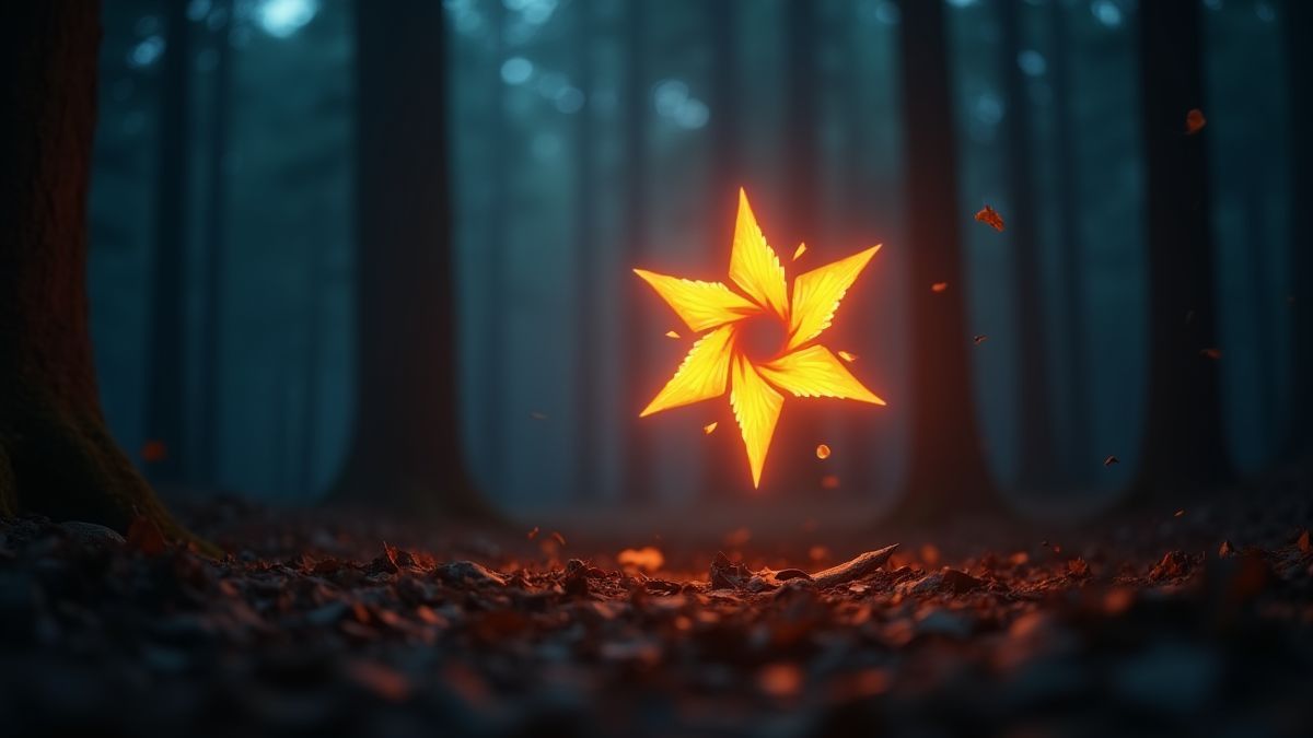 Ninja star illuminated in a dark forest.