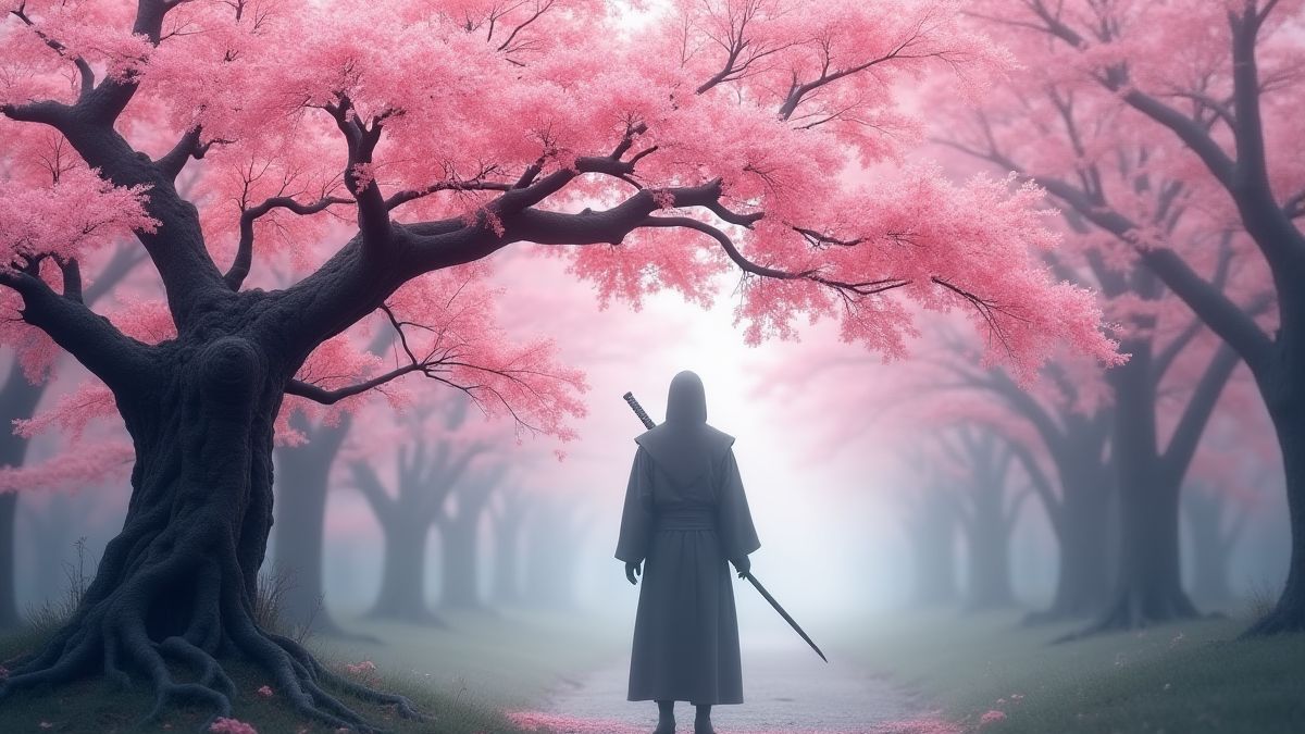 Japanese cherry blossom tree with a shadowy ninja figure.