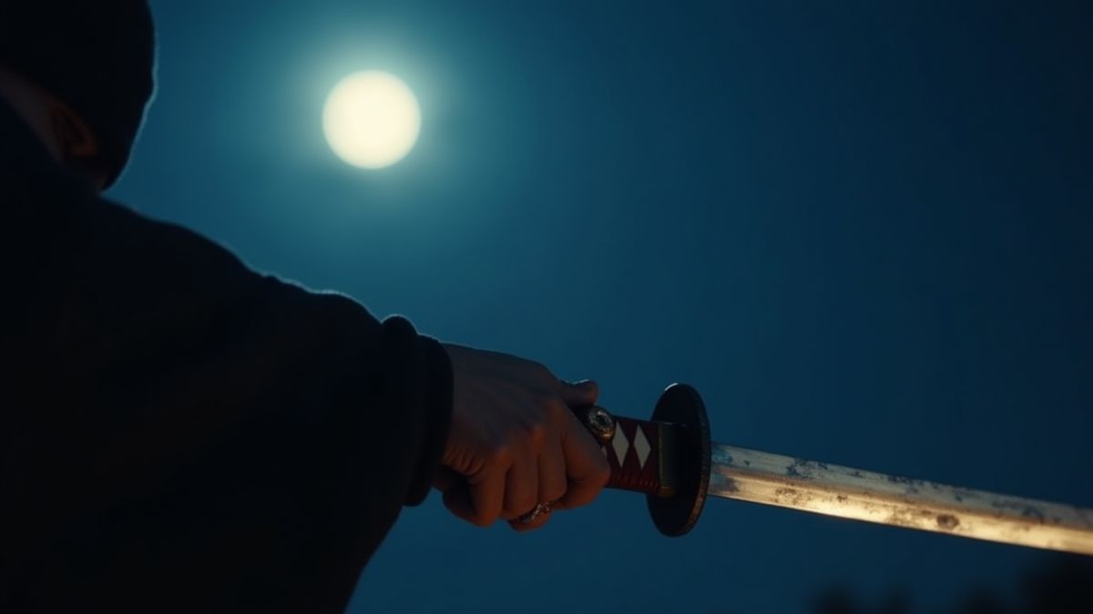 Ninja hand holding a glowing katana under the moonlight.