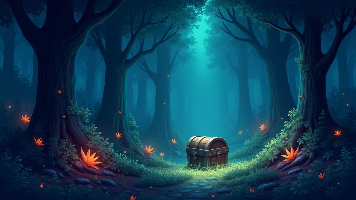 Un forêt mystique avec des plantes brillantes et un coffre au trésor caché