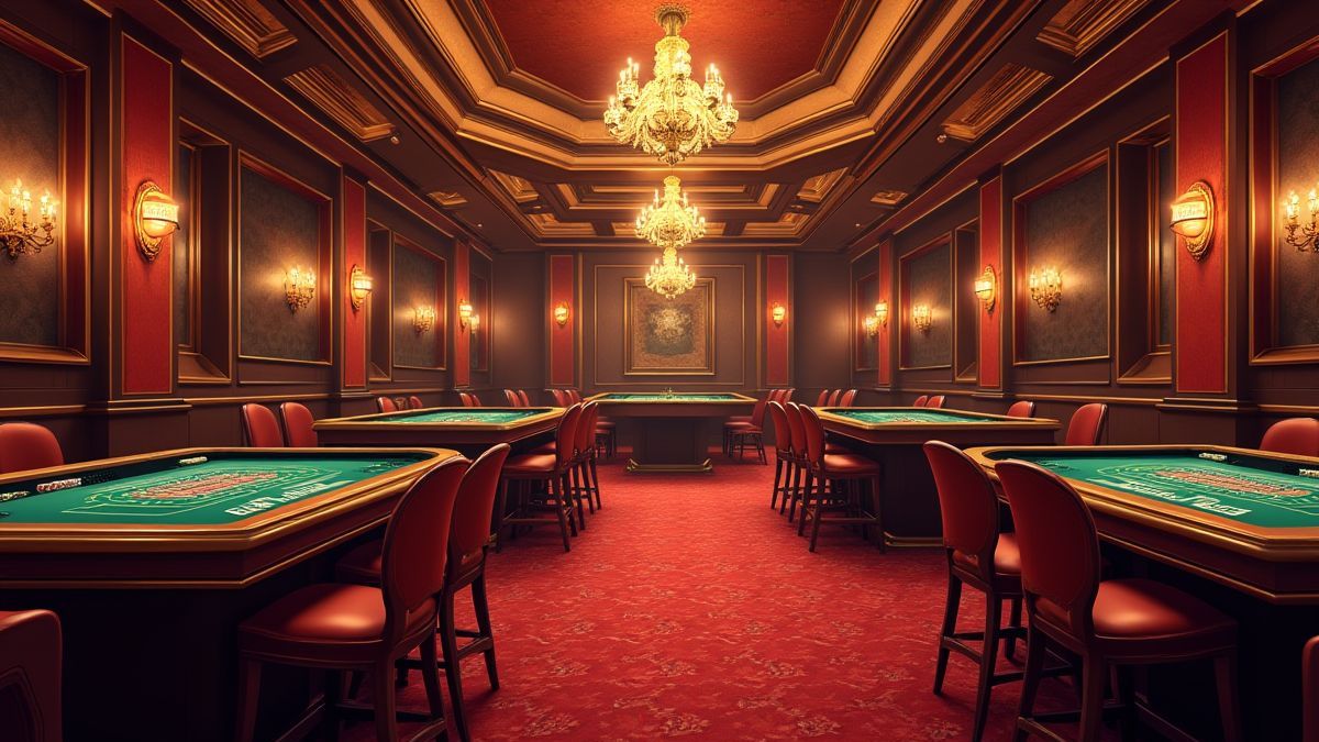 Um cassino de luxo francês com mesas de roleta e lâmpadas de cristal.