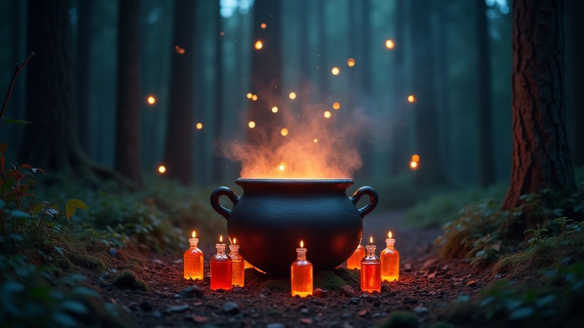 A glowing cauldron surrounded by potion bottles in an enchanted forest.