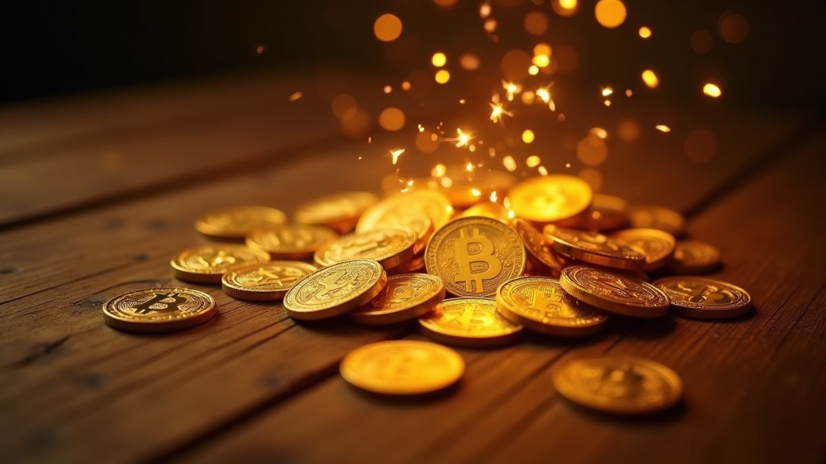 Gold coins on a wooden table with glowing magical sparks around them.