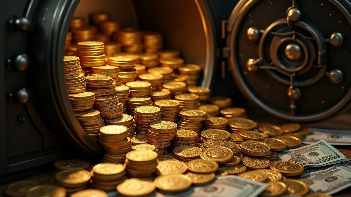 Uma câmara cheia de moedas de ouro e maços de notas.