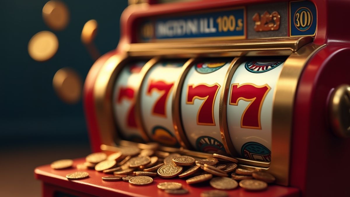 Uma máquina caça-níqueis girando com moedas caindo.