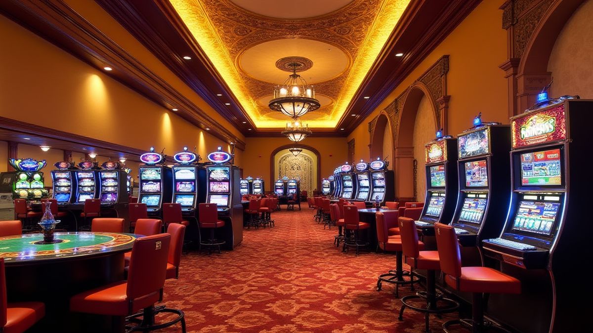 Interior de um cassino de estilo espanhol com decoração elegante.