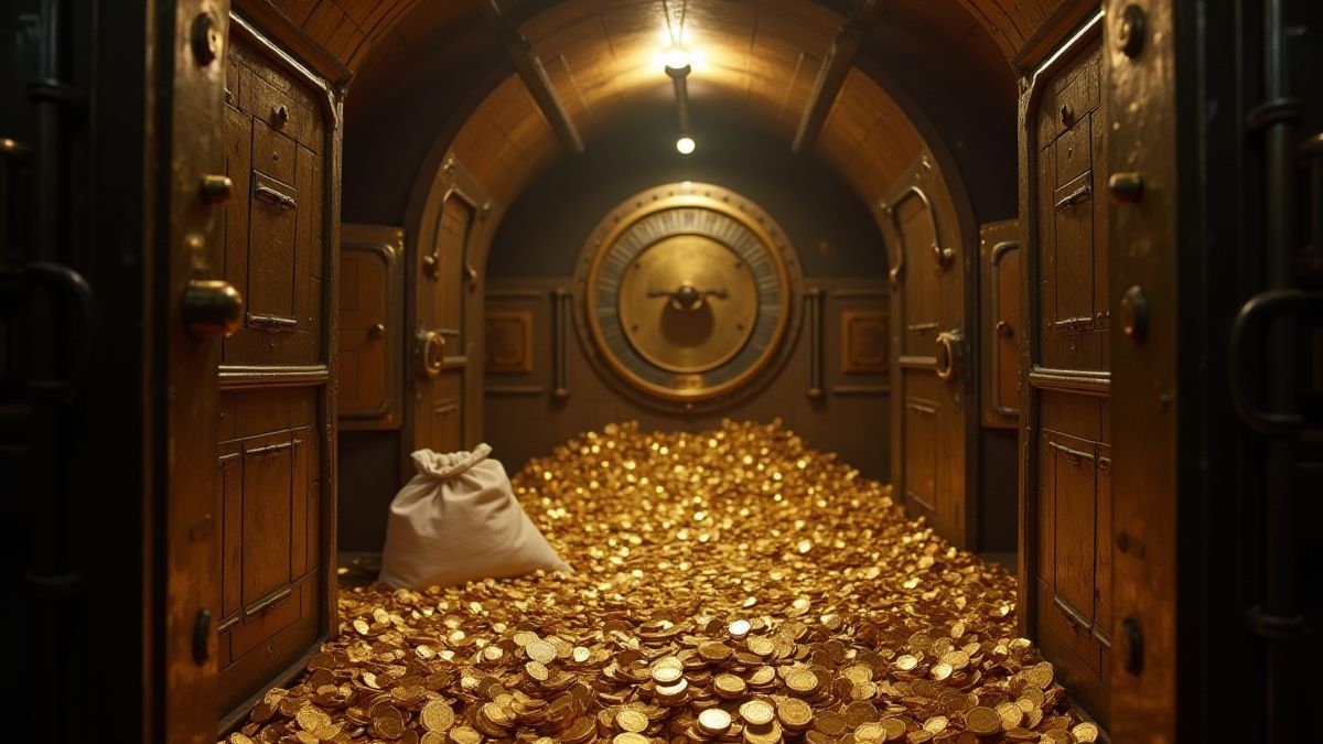 Coffre-fort rempli d'or et de sacs d'argent.