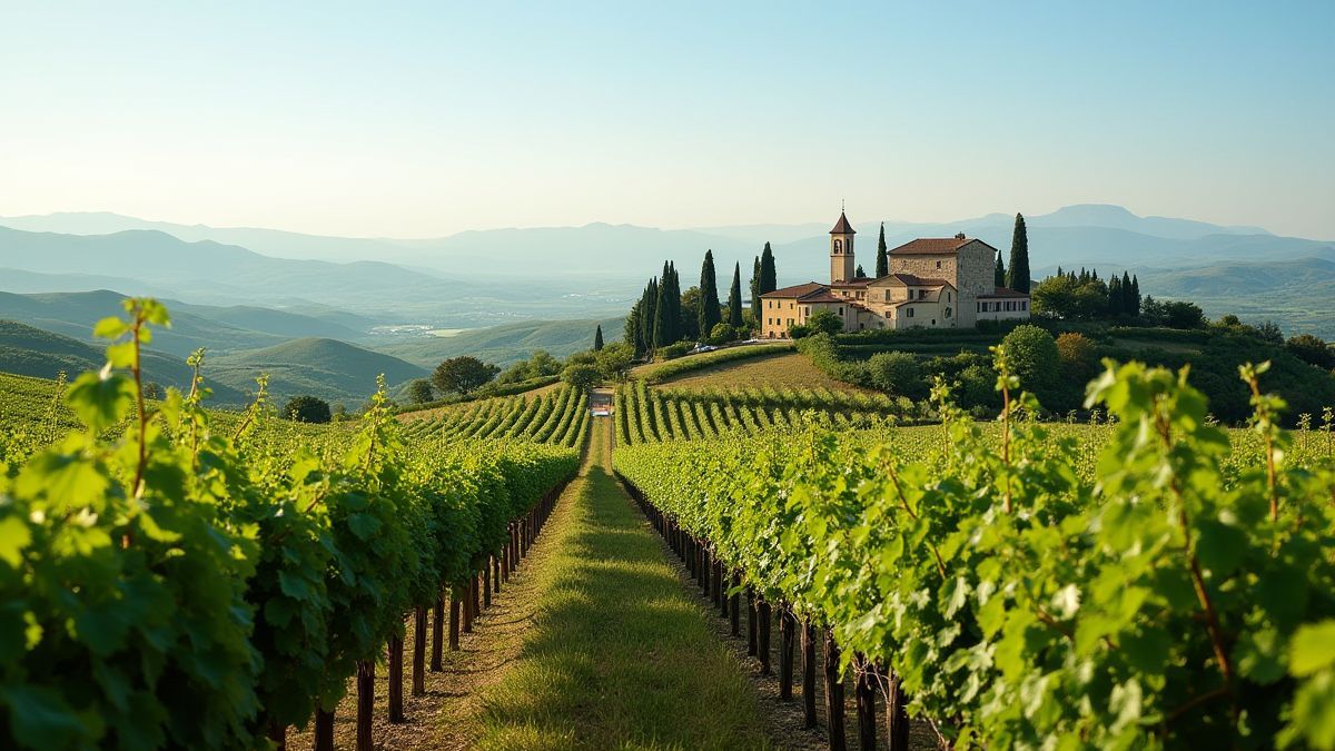 Italienische Weinberge mit sanften Hügeln und einer rustikalen Villa.