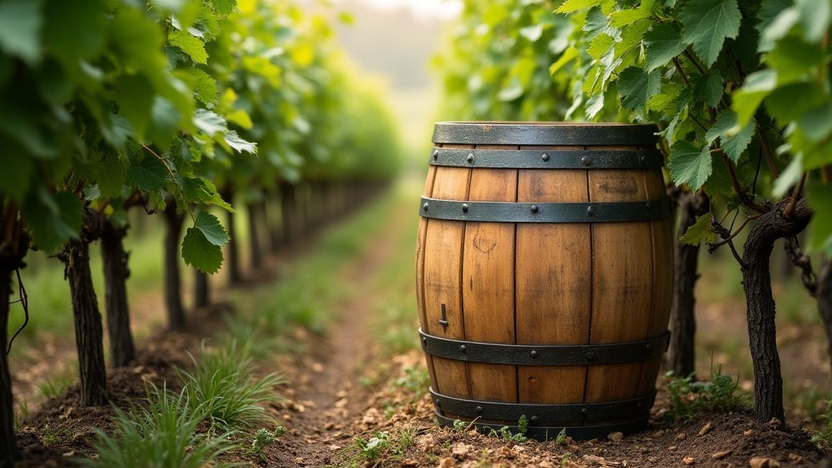 Weinfass umgeben von italienischen Weinbergen.