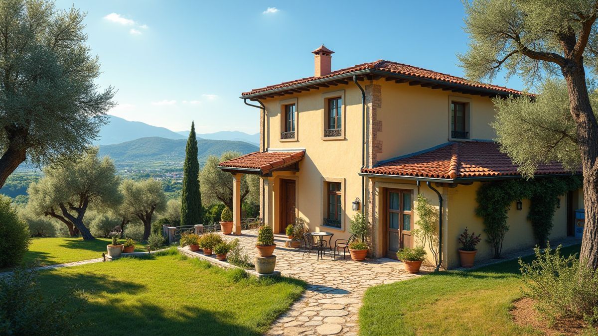 Gemütliche italienische Villa umgeben von Olivenbäumen unter einem sonnigen Himmel.