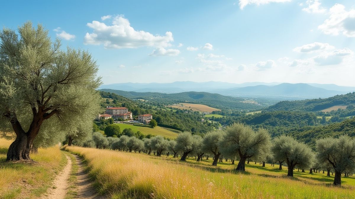 Italienische Landschaft mit Olivenbäumen und Weinbergen unter der Sonne.