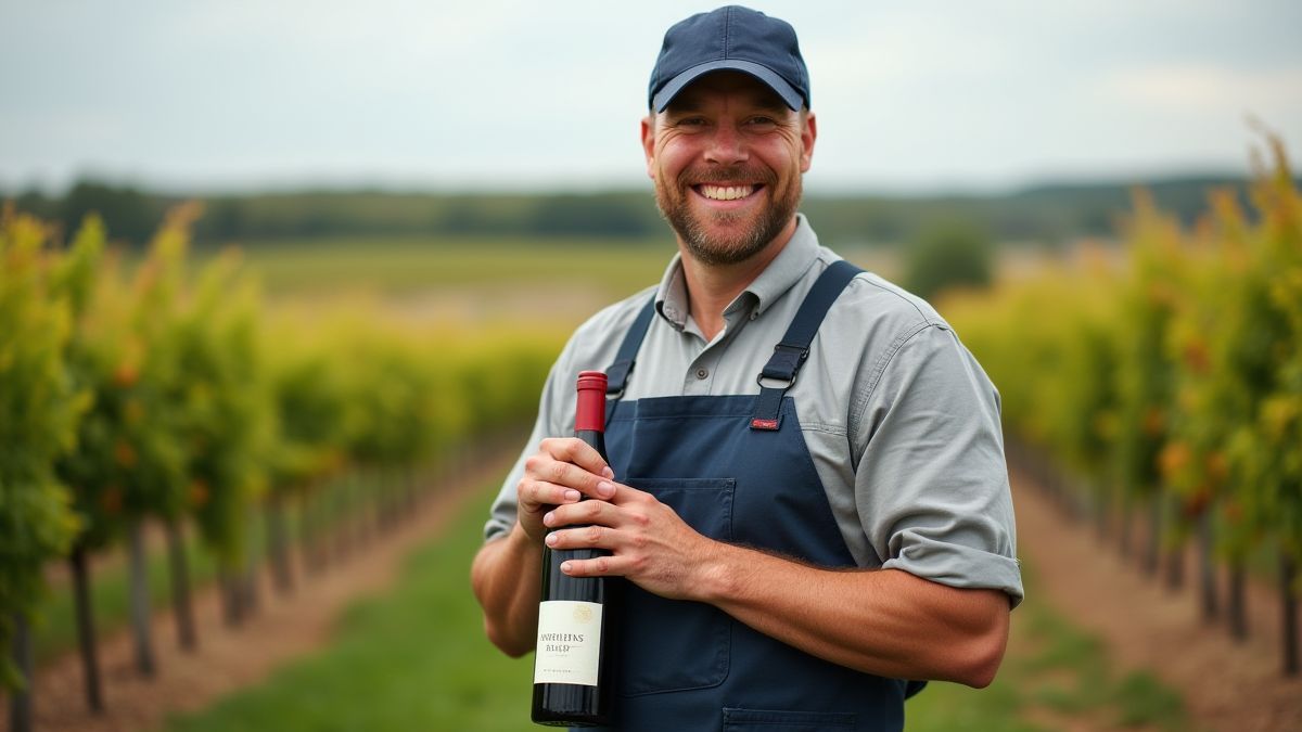 Fröhlicher Winzer, der eine Weinflasche vor einem Weingut hält.