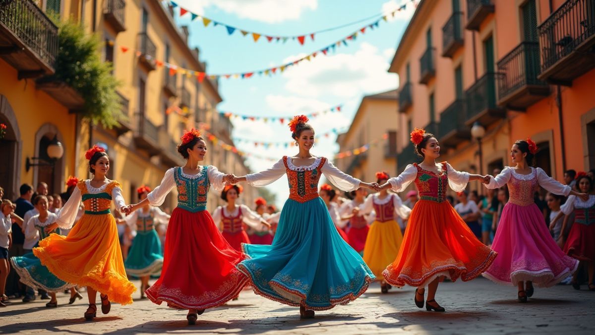 Festival callejero español lleno de color y baile.