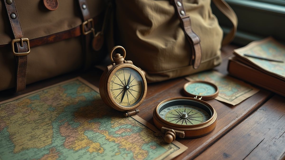 Table with compass, survival backpack, and ancient maps.