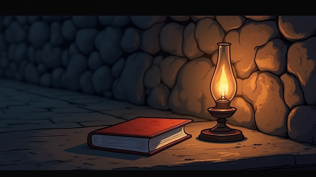 Oil lamp glowing next to a leather notebook.