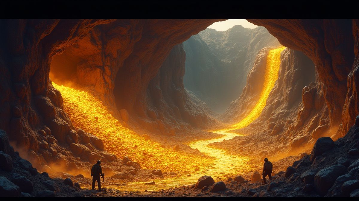 Underground mines with shiny gold and mining tools.