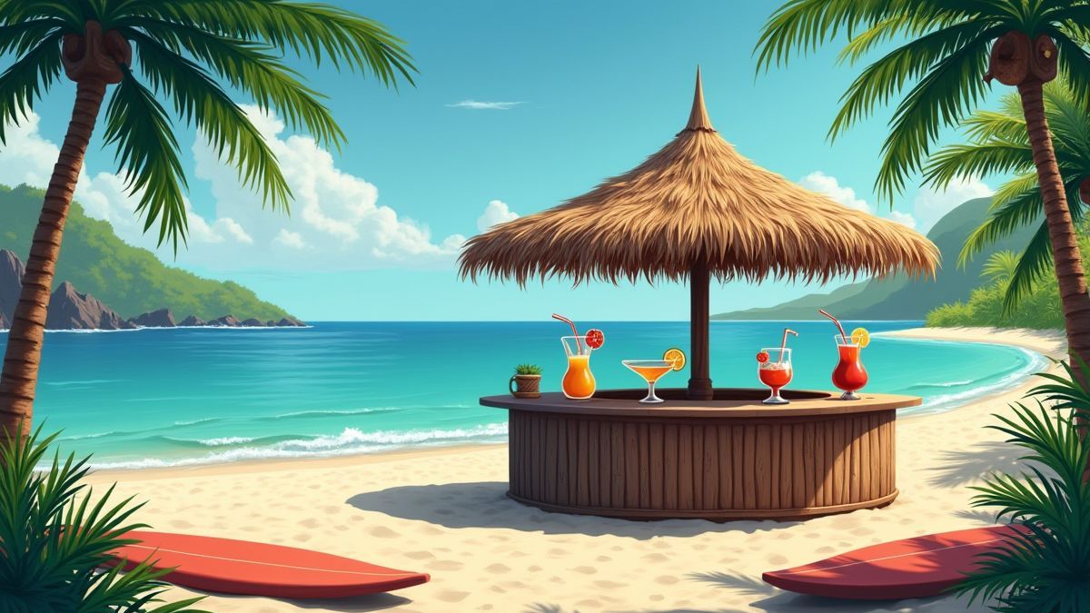 Un bar tiki en una playa tropical con cócteles y tablas de surf.