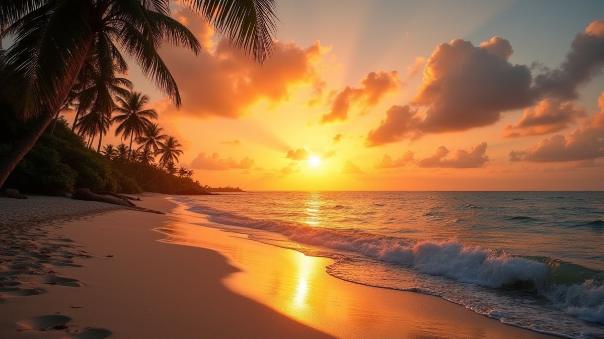 Vista de un atardecer sobre una playa tropical con cielos dorados y aguas tranquilas.
