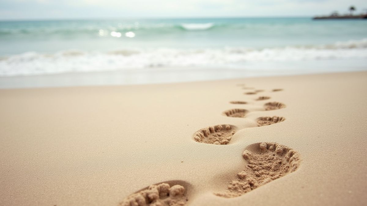 Escena de playa con huellas en la arena y un océano tranquilo al fondo.