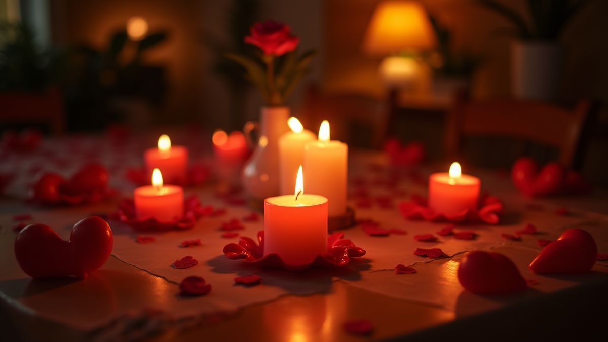 Table decorated with candles and hearts