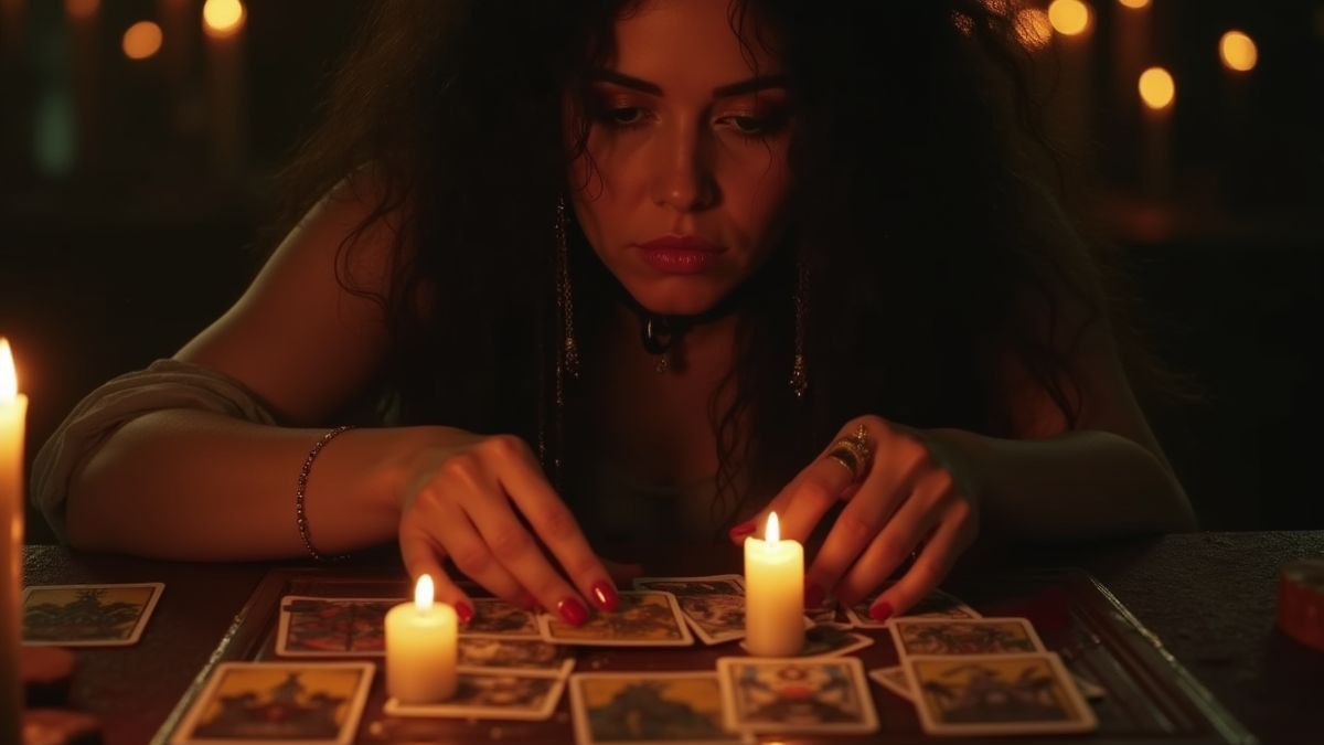Une gitana lisant des cartes de tarot éclairée par des bougies.