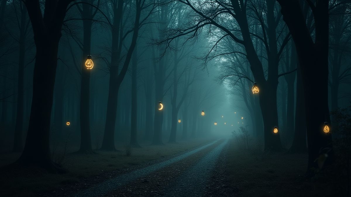 Une forêt sombre avec des symboles mystiques brillants flottant dans l'air.