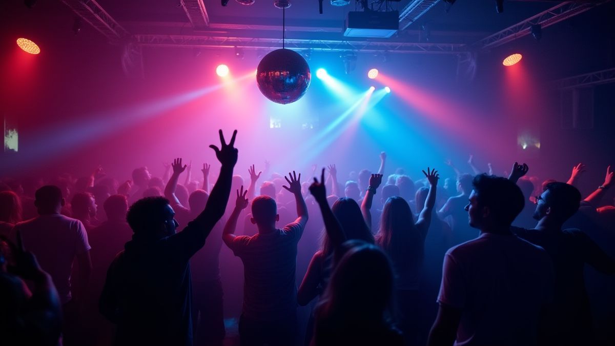 Nachtclub mit Discolichtern und Menschen, die Spaß haben.