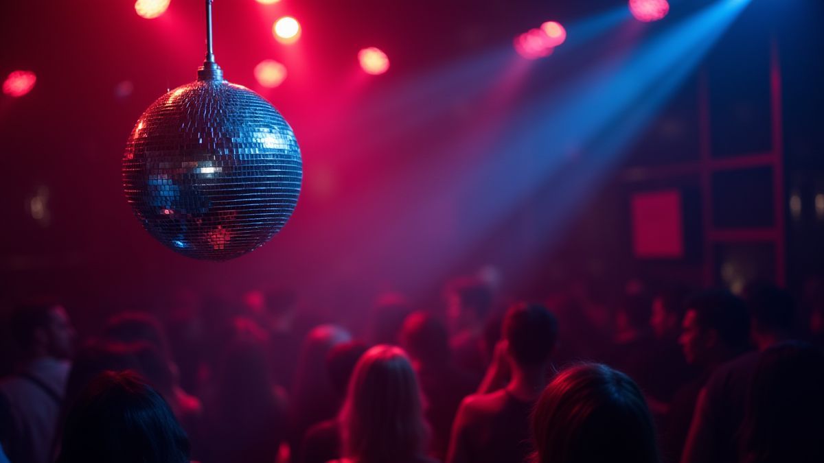 Discokugel, die in einem Club funkelt.