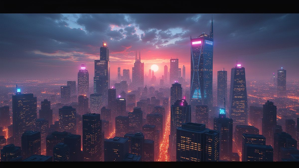 Ciudad mágica iluminada con elementos de superhéroes