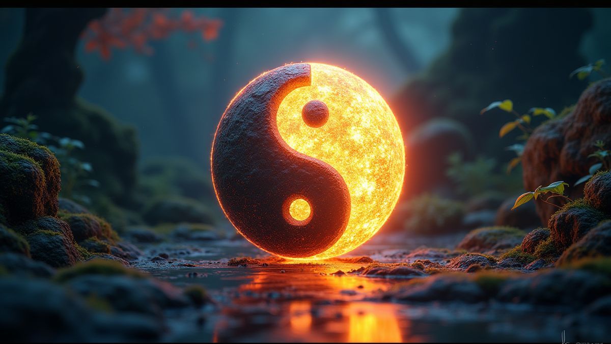 Yin-Yang-Symbol, das in einem asiatischen Garten strahlt.