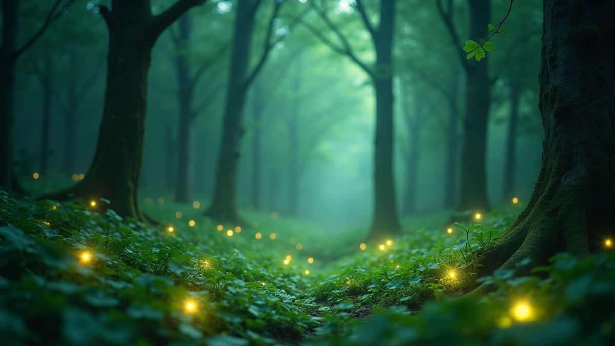 Um bosque mágico com trevos e símbolos brilhantes dispersos.