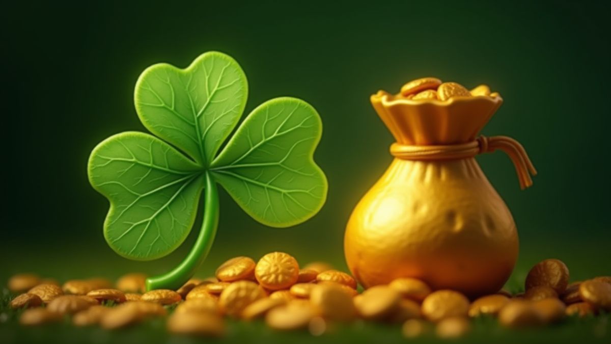 Um trevo brilhante e um saco dourado de riqueza.