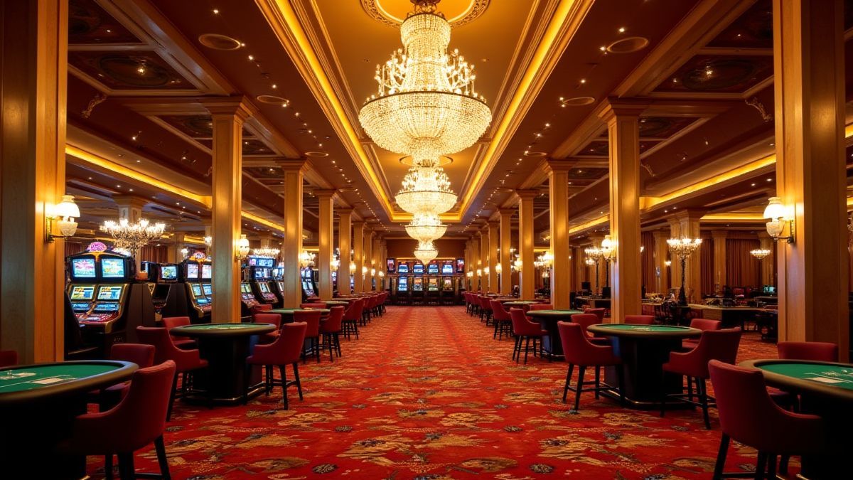 Elegantes Casino-Interieur mit funkelnden Kronleuchtern und goldener Dekoration.
