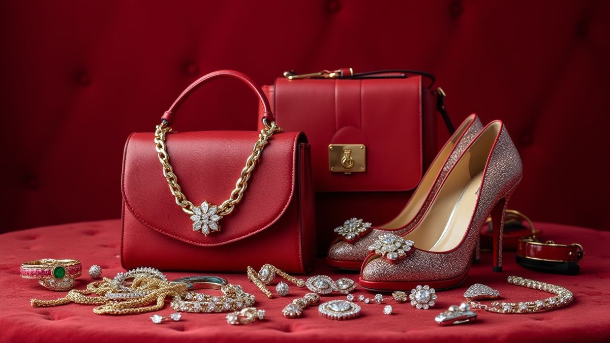 Funkelnder Schmuck, Designerhandtaschen und High Heels auf einem Samthintergrund.
