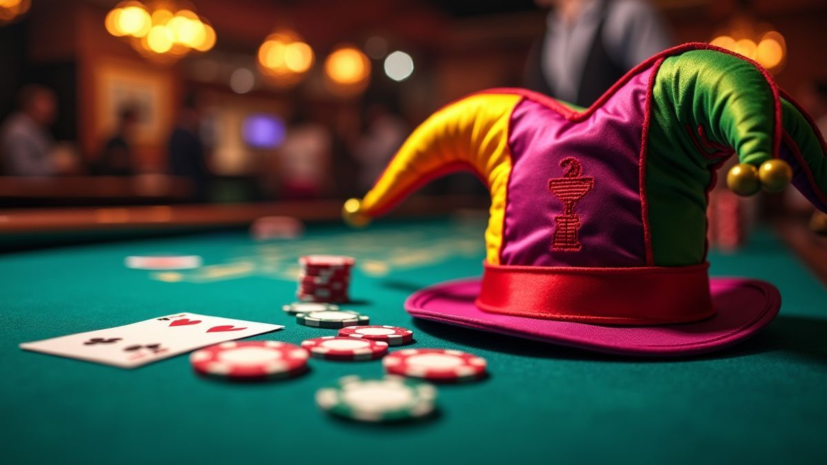 Poker table with chips, cards, and a joker hat in a casino.