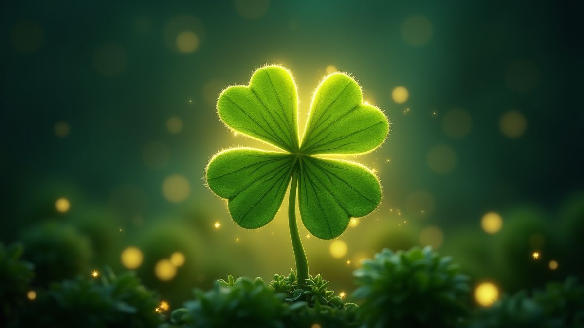 A glowing four-leaf clover surrounded by magical sparkles.
