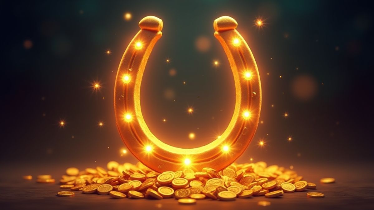A glowing horseshoe surrounded by golden coins in a magical environment.