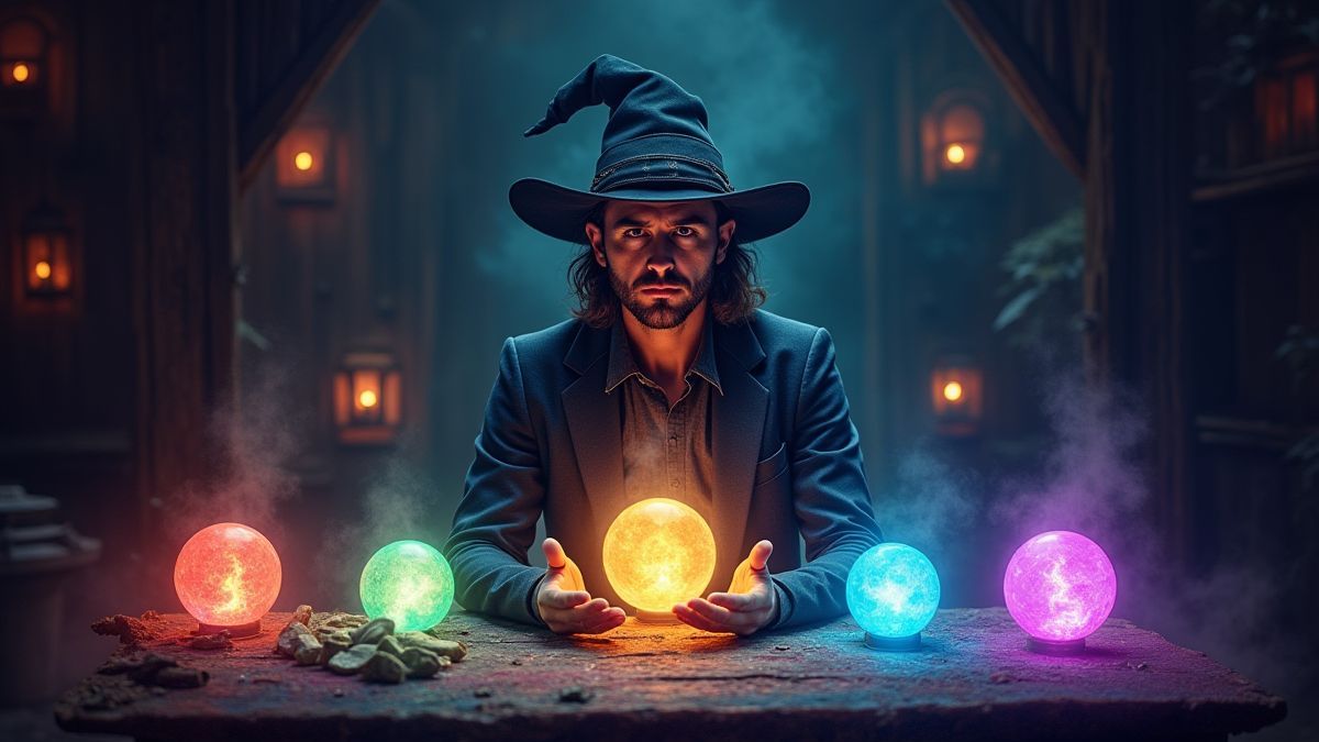 A magical fortune teller with radiant crystal balls and mystical symbols.