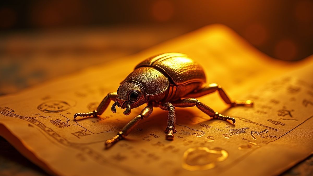 A golden scarab on a glowing Egyptian scroll.