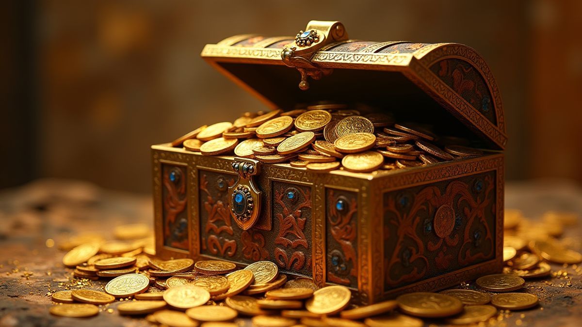 An Egyptian treasure chest filled with gold coins and jewels.