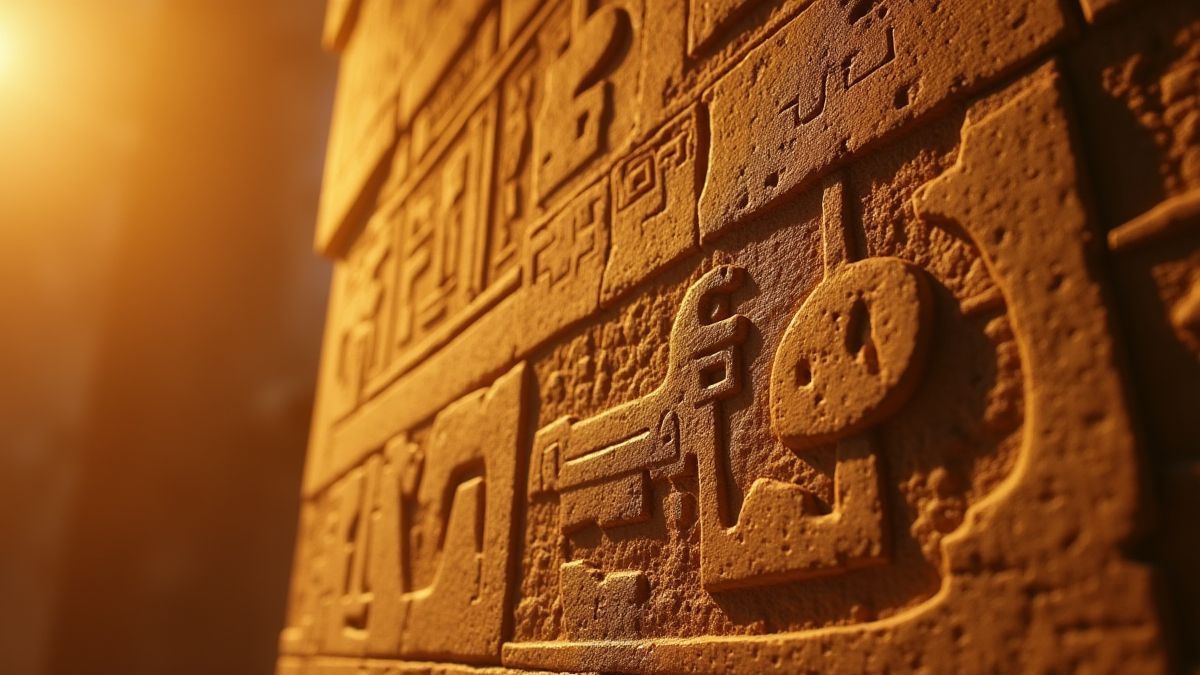 Ägyptische Hieroglyphen, die in Stein gemeißelt sind und von warmem goldenem Licht beleuchtet werden.