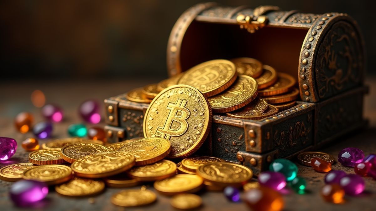 Goldmünzen, die aus einer antiken Schatztruhe herausfallen, umgeben von Juwelen.