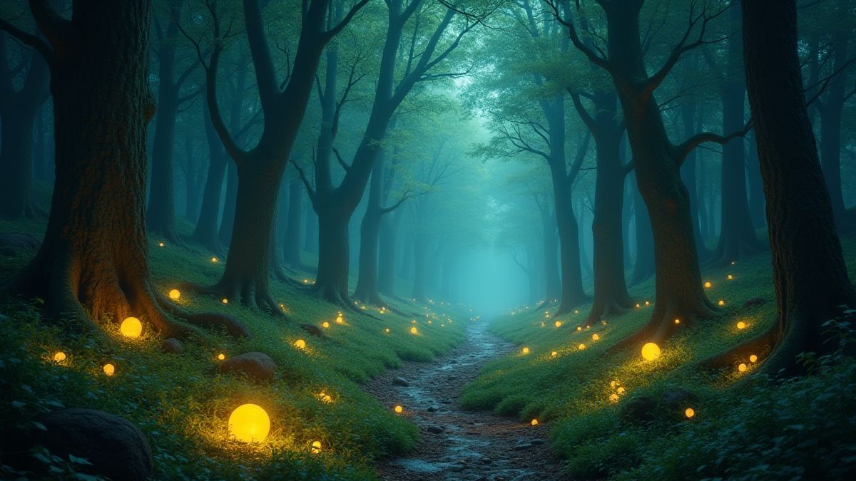 Un forêt mystique avec des orbes brillants et des symboles de la chance.