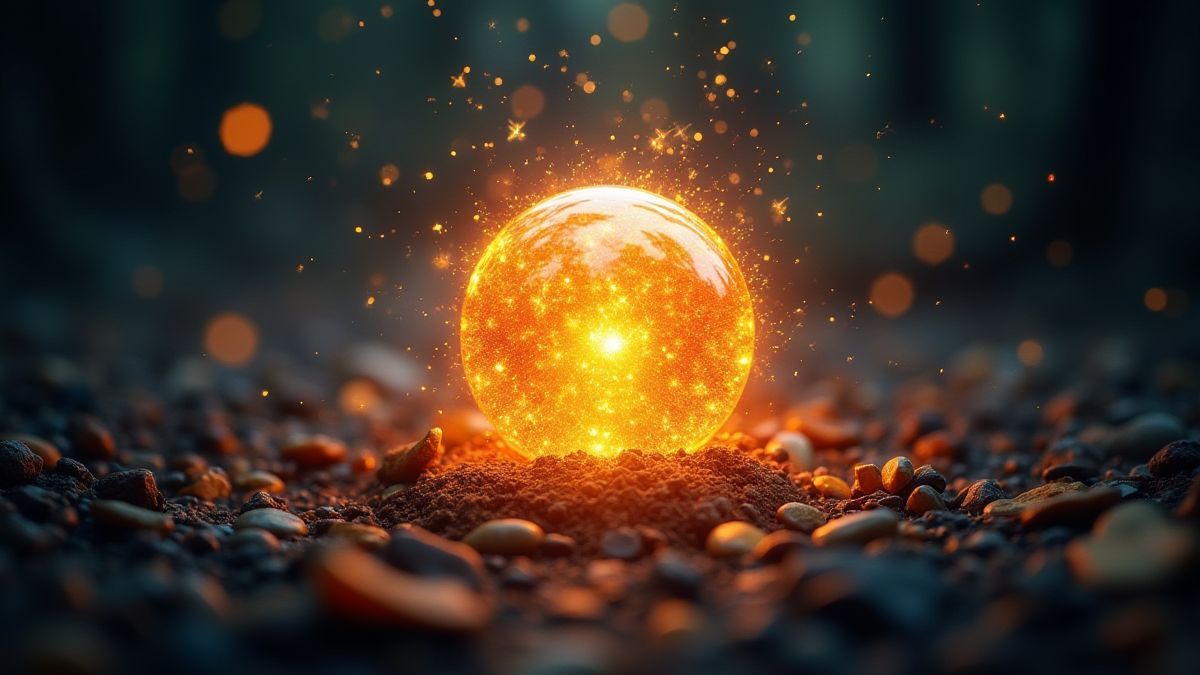 Un orbe brillant avec des étincelles magiques entouré de symboles de la chance.